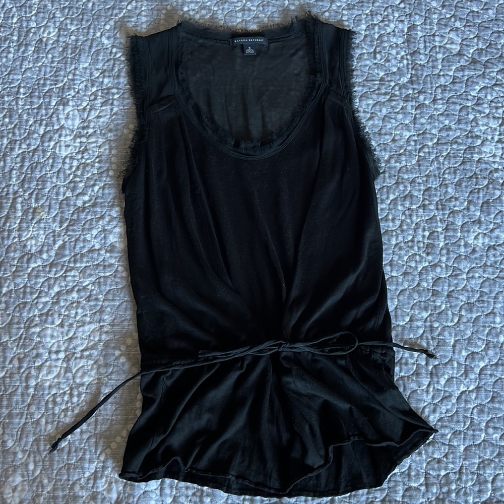 Banana Republic black tank top sheer wide strap raw hem drop tie waist small
